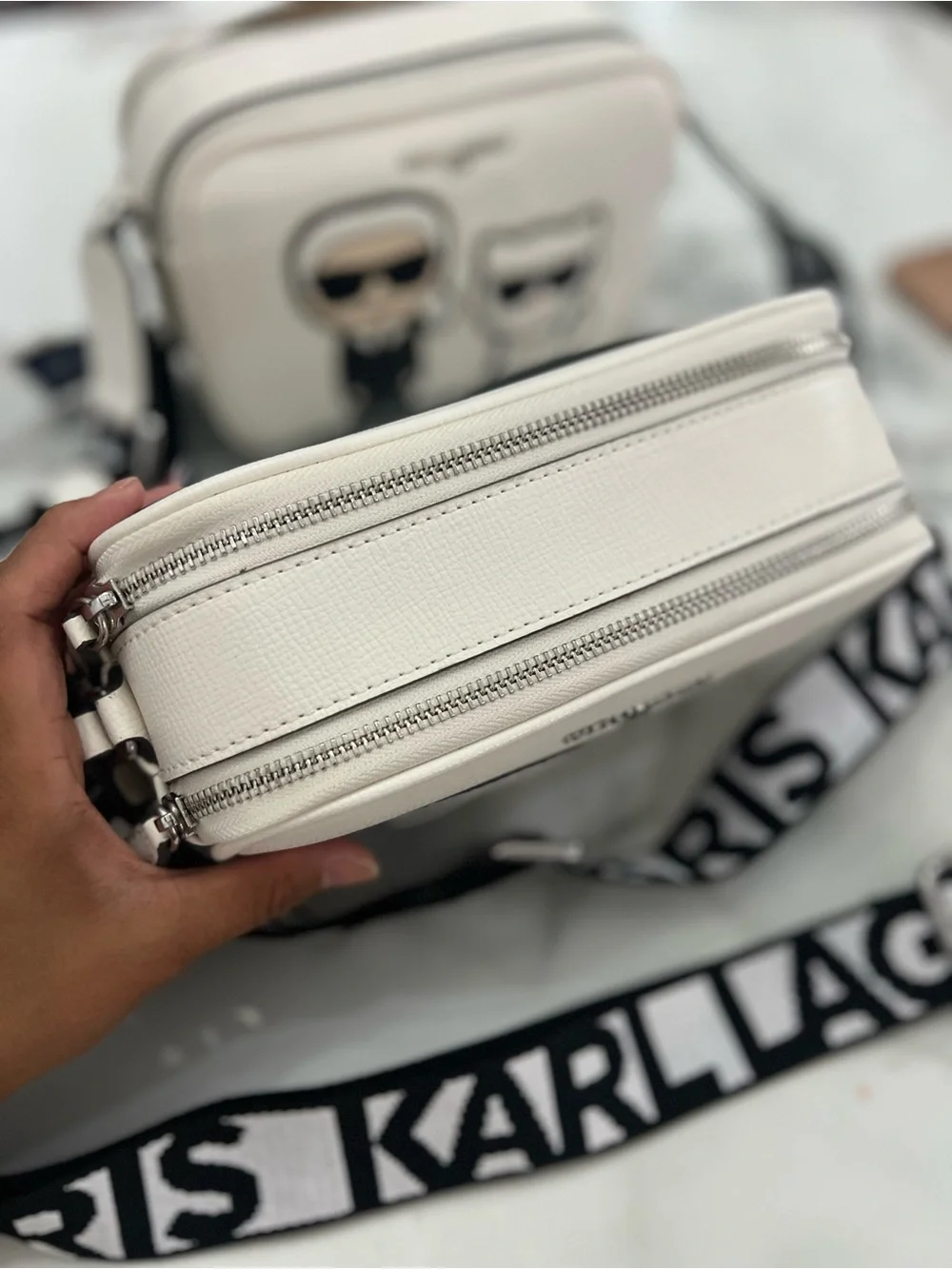 Karl Lagerfeld White Leather Crossbody Bag with Character Motif - 1pc only